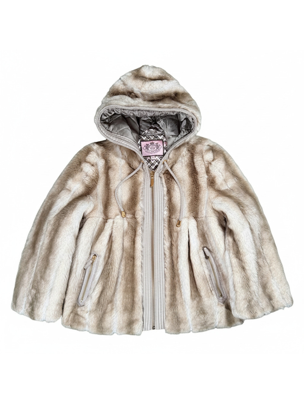 Y2K Juicy Couture Women's Beige Faux Fur Hooded Zip-Up Jacket Medium